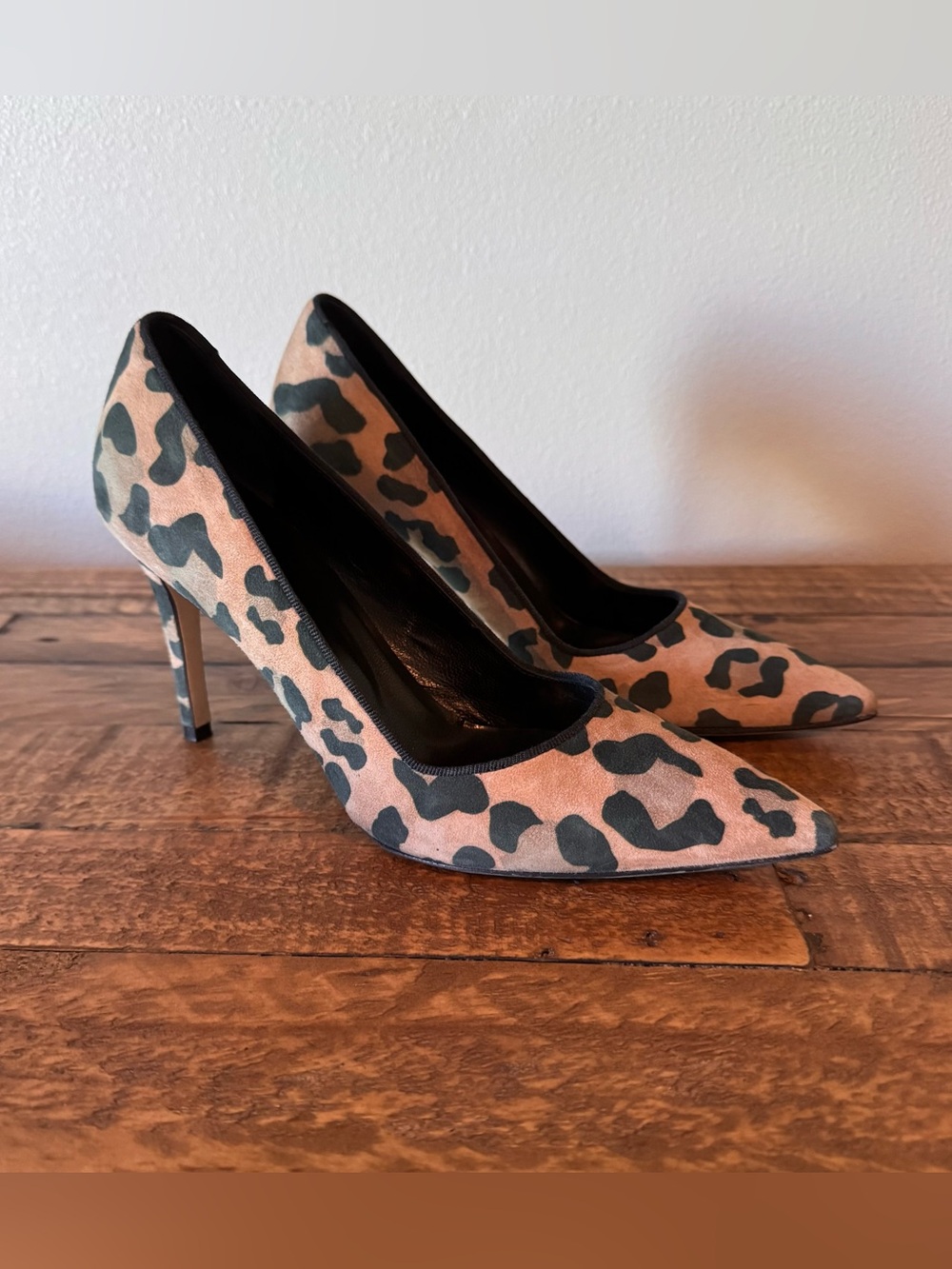 Dee Keller Leopard-Print Pointed Toe Stiletto Heels in Tan and Black Suede